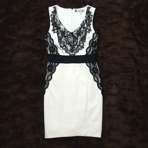 Jennifer Lopez Vanilla / Black Lace Sleeveless Sheath Dress - OP